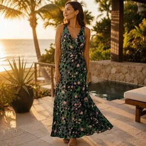 Tori Richard Wrap Maxi Dress Sz S Green Floral Hawaiian Resort Cruise Luxury